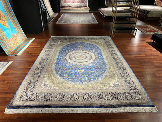 8x11 ft Blue Silk Rug, Luxury Large Area Rug, Elegant Medallion Living Room Rug, Classic Decorative Palace Style Carpet