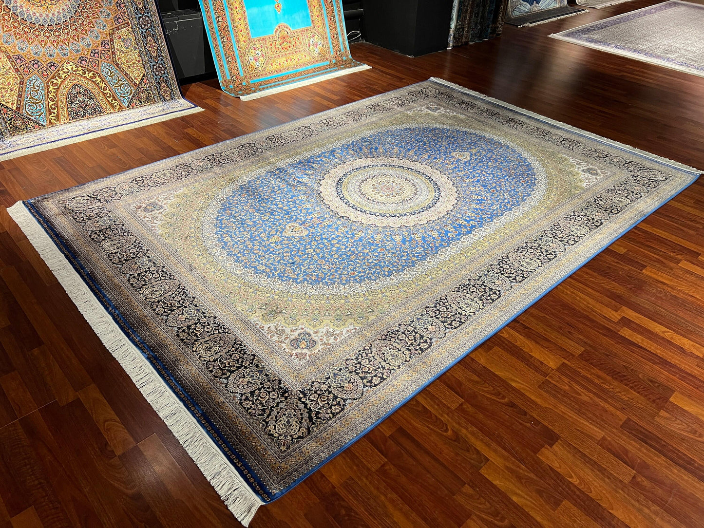 8x11 ft Blue Silk Rug, Luxury Large Area Rug, Elegant Medallion Living Room Rug, Classic Decorative Palace Style Carpet