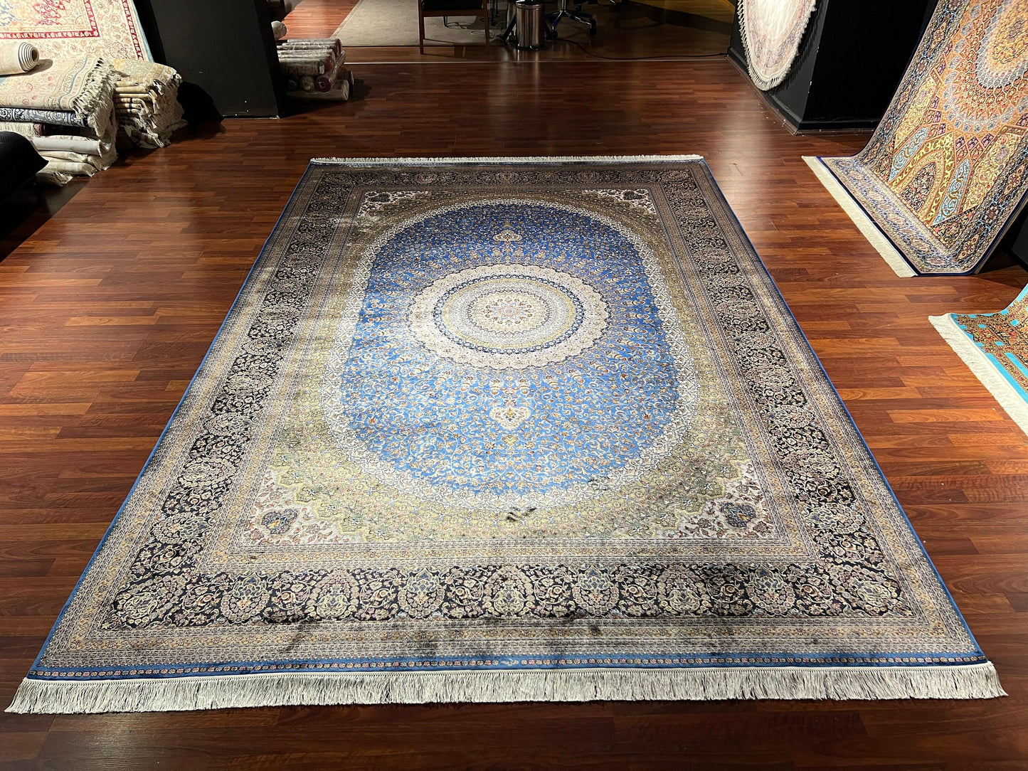 8x11 ft Blue Silk Rug, Luxury Large Area Rug, Elegant Medallion Living Room Rug, Classic Decorative Palace Style Carpet