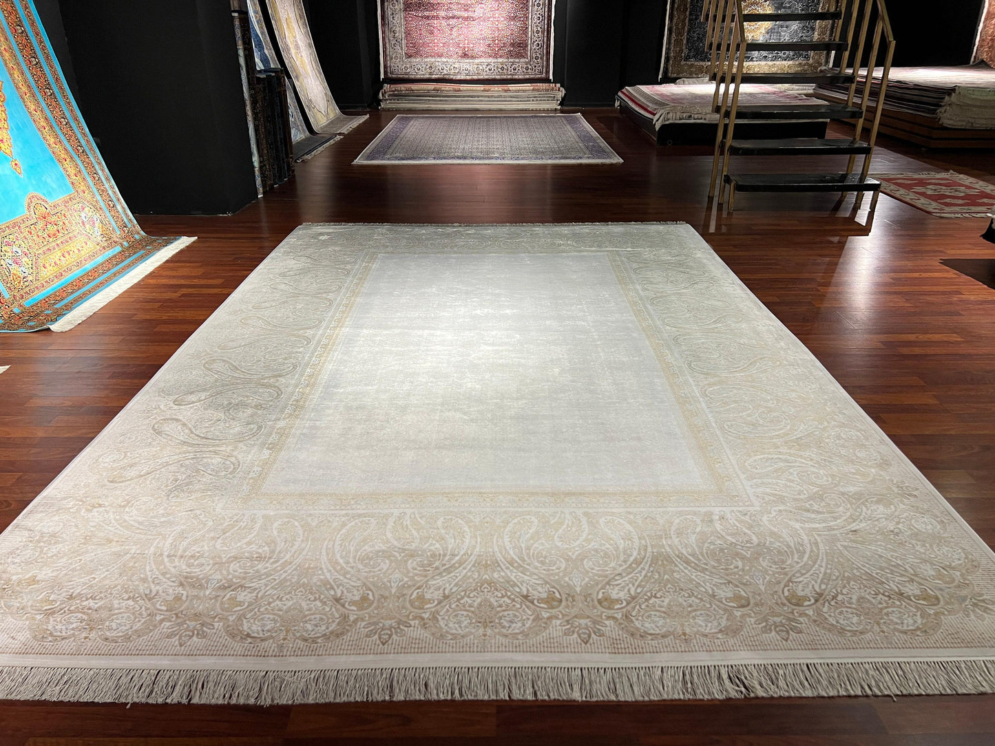 8x11 ft Beige Silk Rug, Luxury Medallion Area Rug, Elegant Classic Living Room Rug, Soft Decorative Large Carpet