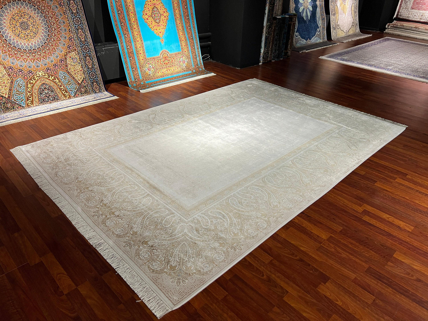 8x11 ft Beige Silk Rug, Luxury Medallion Area Rug, Elegant Classic Living Room Rug, Soft Decorative Large Carpet