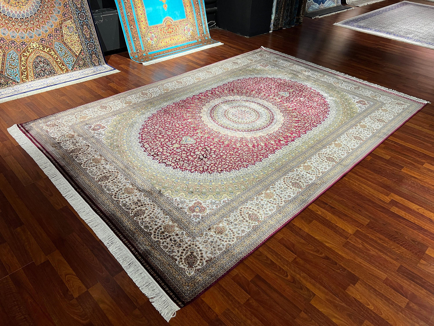 8x11 ft Beige Red Silk Rug, Luxury Medallion Area Rug, Elegant Classic Living Room Rug, Decorative Palace Style Carpet