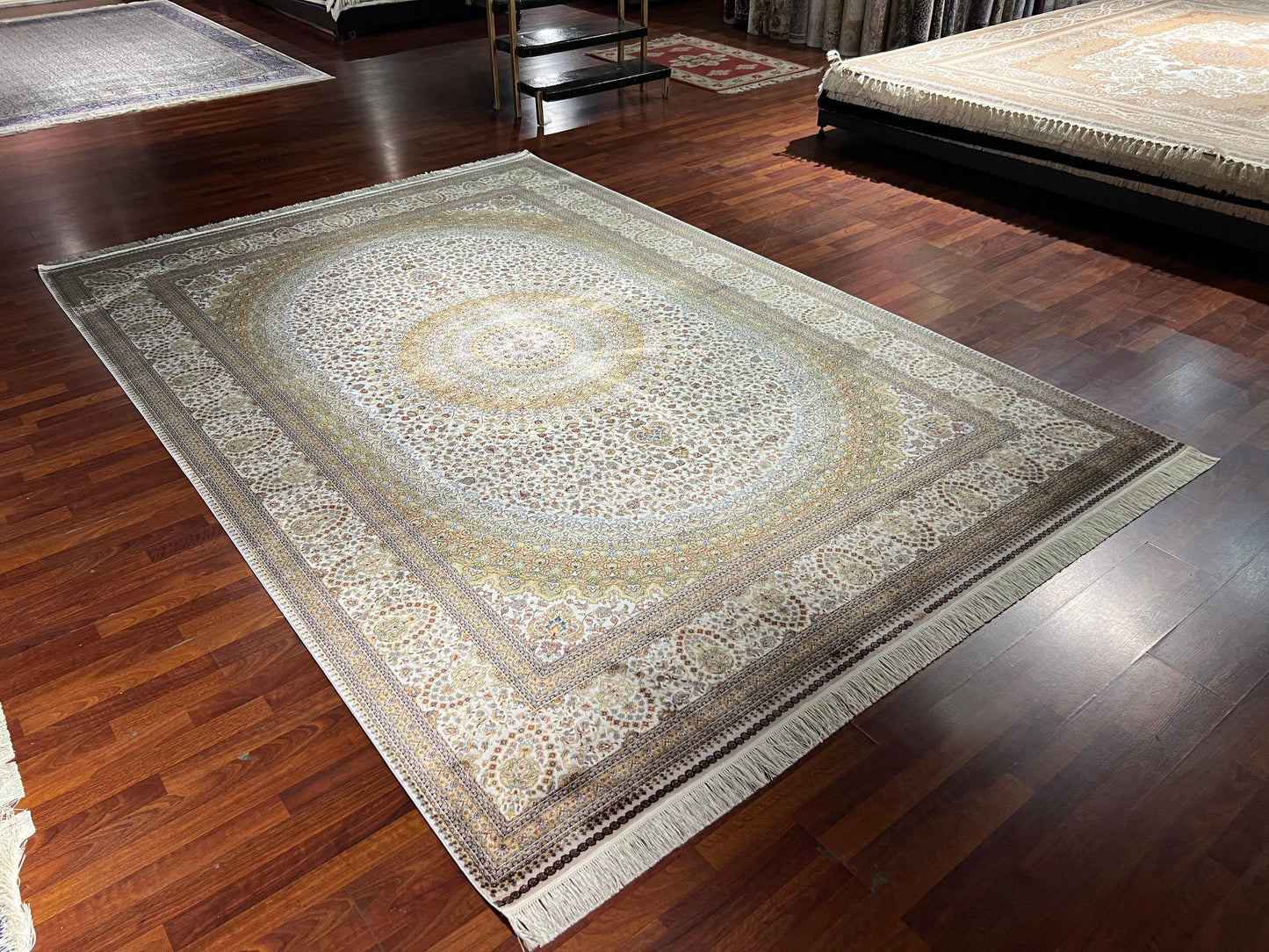 8x11 ft Beige Silk Rug, Luxury Large Area Rug, Elegant Classic Living Room Rug, Soft Decorative Palace Style Carpet