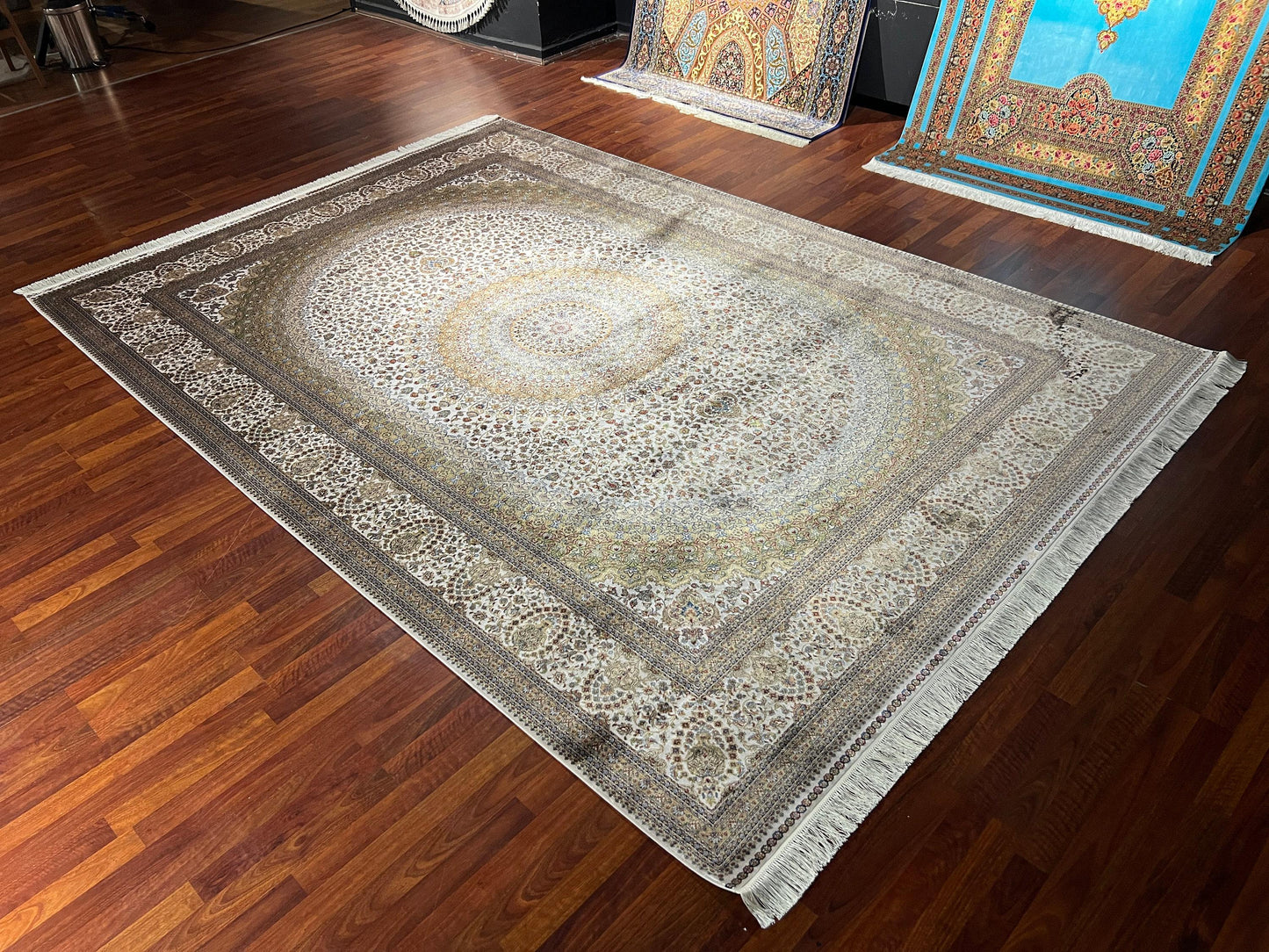 8x11 ft Beige Silk Rug, Luxury Large Area Rug, Elegant Classic Living Room Rug, Soft Decorative Palace Style Carpet