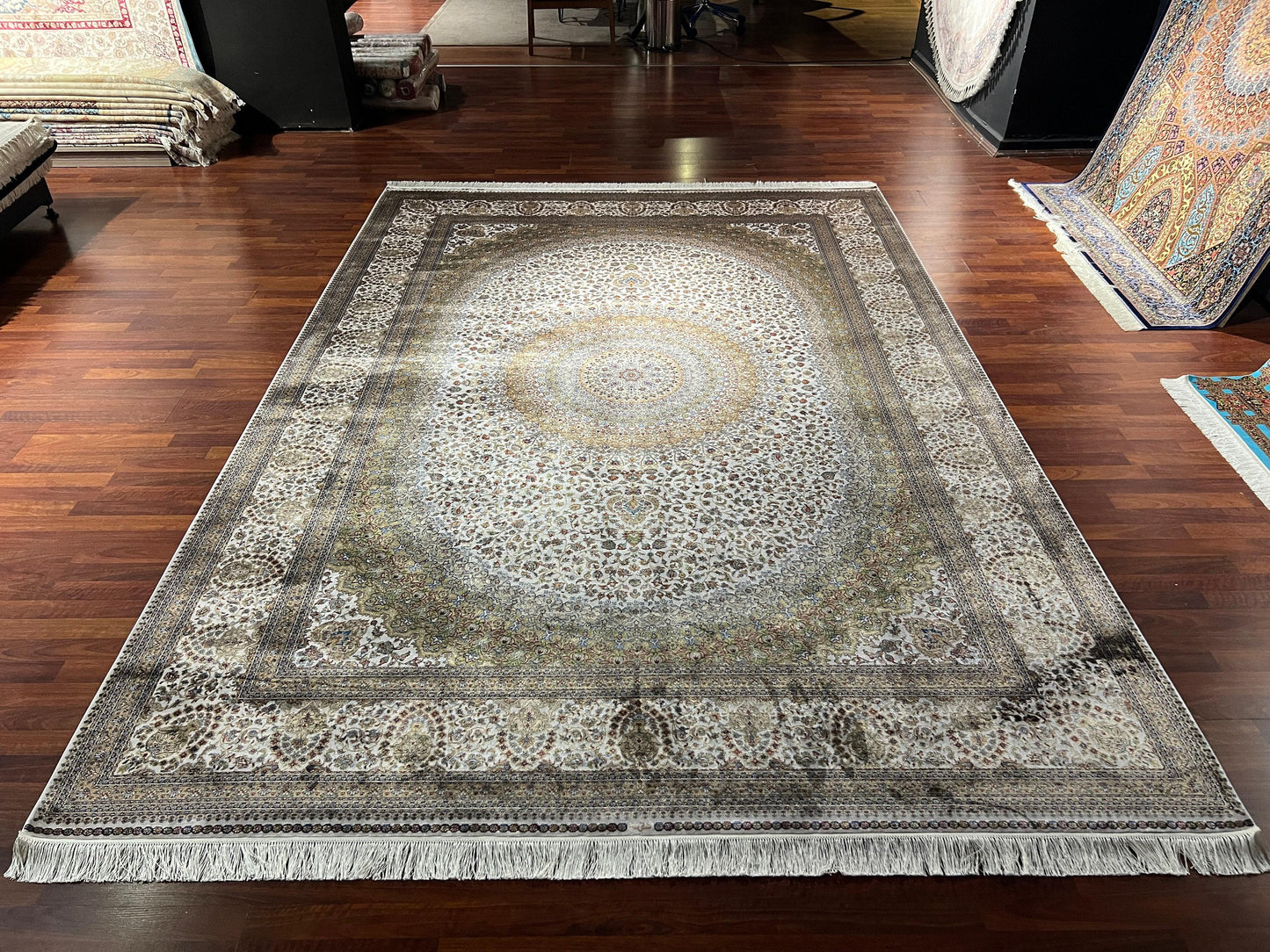 8x11 ft Beige Silk Rug, Luxury Large Area Rug, Elegant Classic Living Room Rug, Soft Decorative Palace Style Carpet