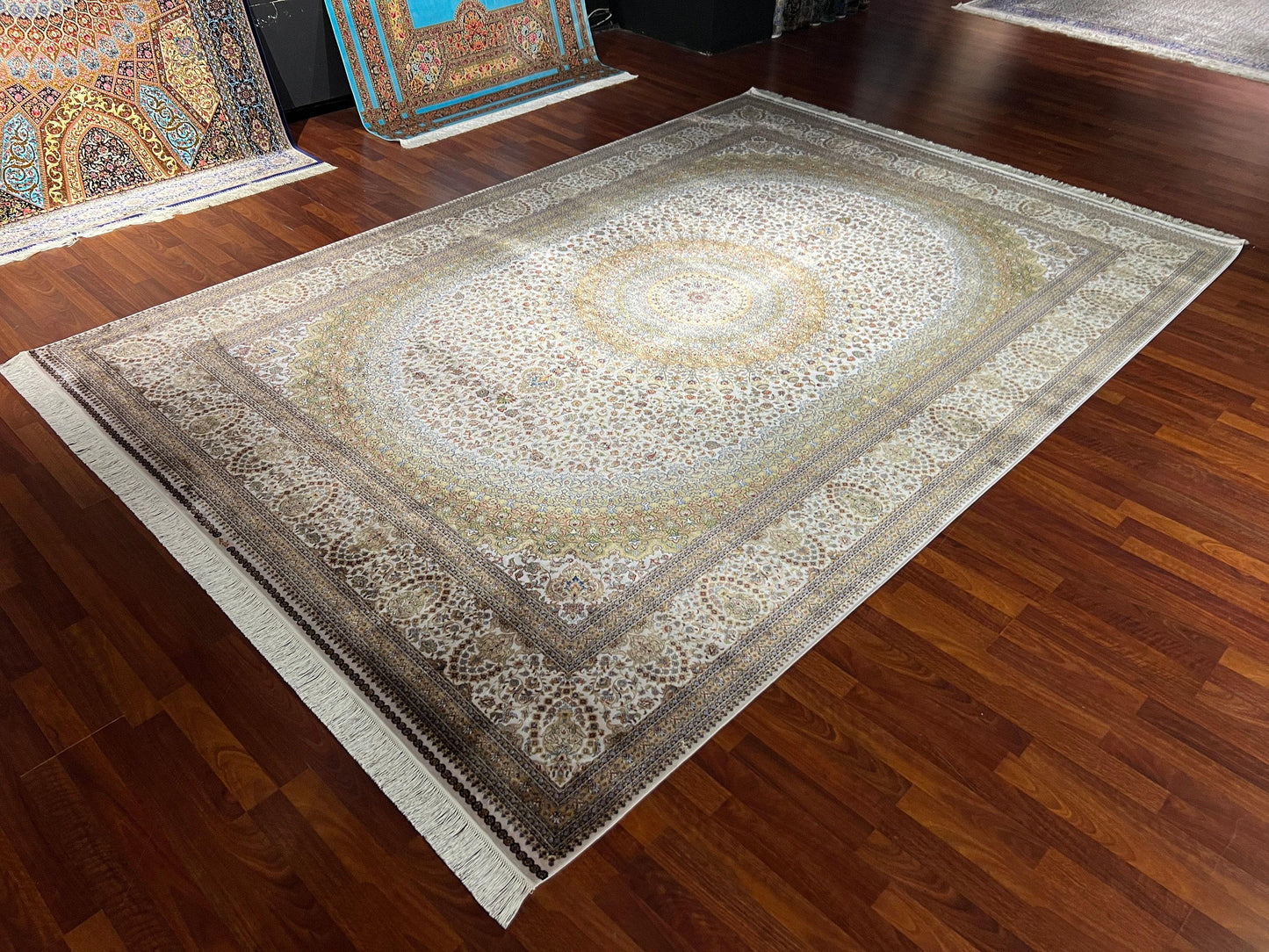 8x11 ft Beige Silk Rug, Luxury Large Area Rug, Elegant Classic Living Room Rug, Soft Decorative Palace Style Carpet