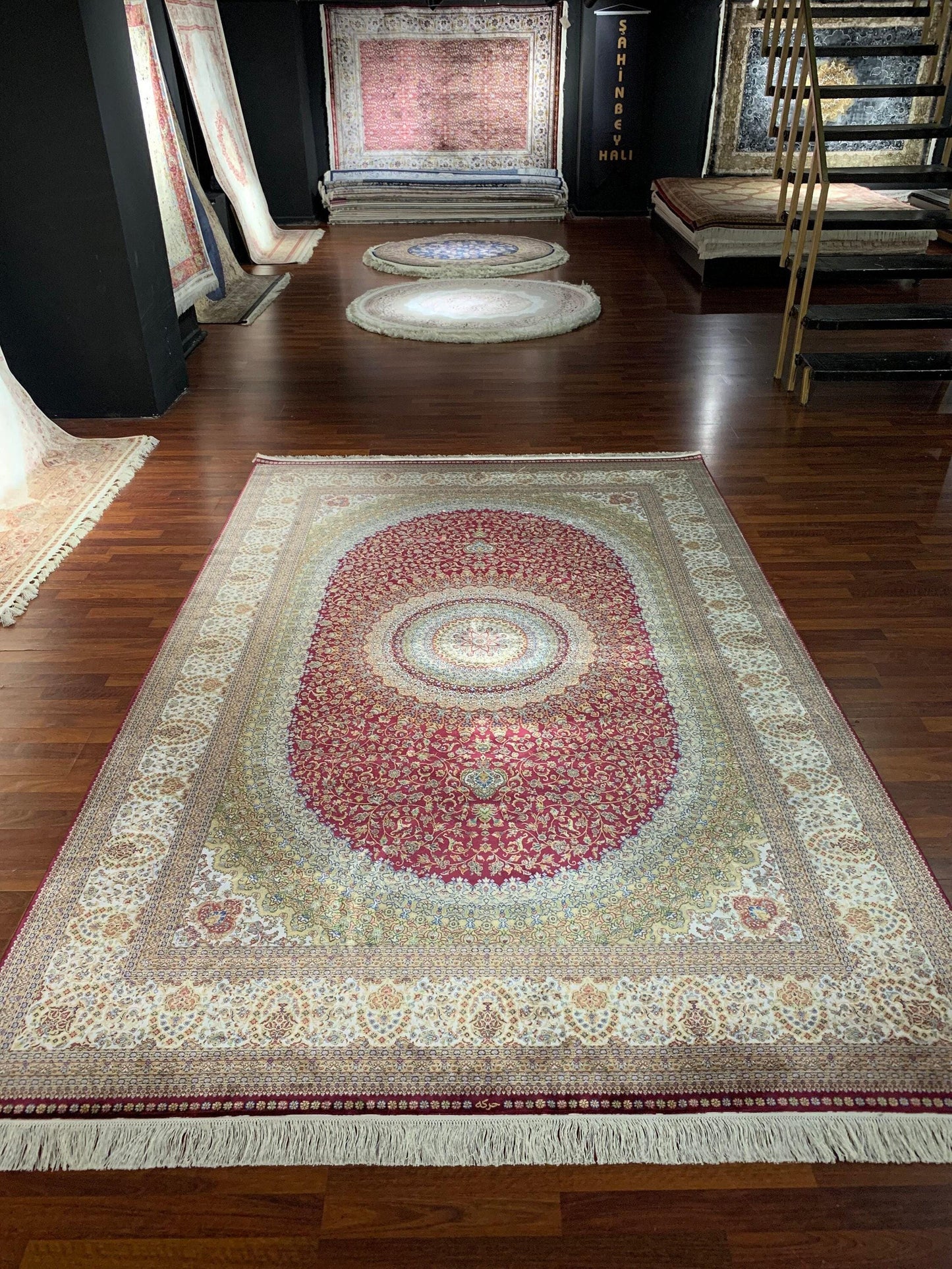 7x10 ft Red Gold Silk Rug, Luxury Classic Medallion Rug, Elegant Living Room Area Carpet