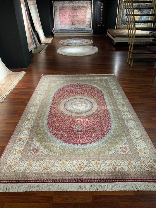 7x10 ft Red Gold Silk Rug, Luxury Classic Medallion Rug, Elegant Living Room Area Carpet