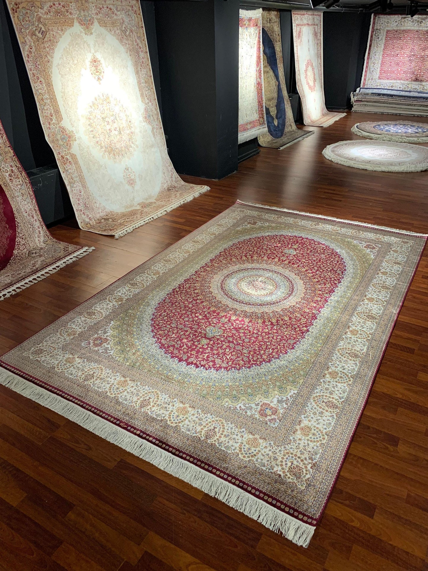 7x10 ft Red Gold Silk Rug, Luxury Classic Medallion Rug, Elegant Living Room Area Carpet