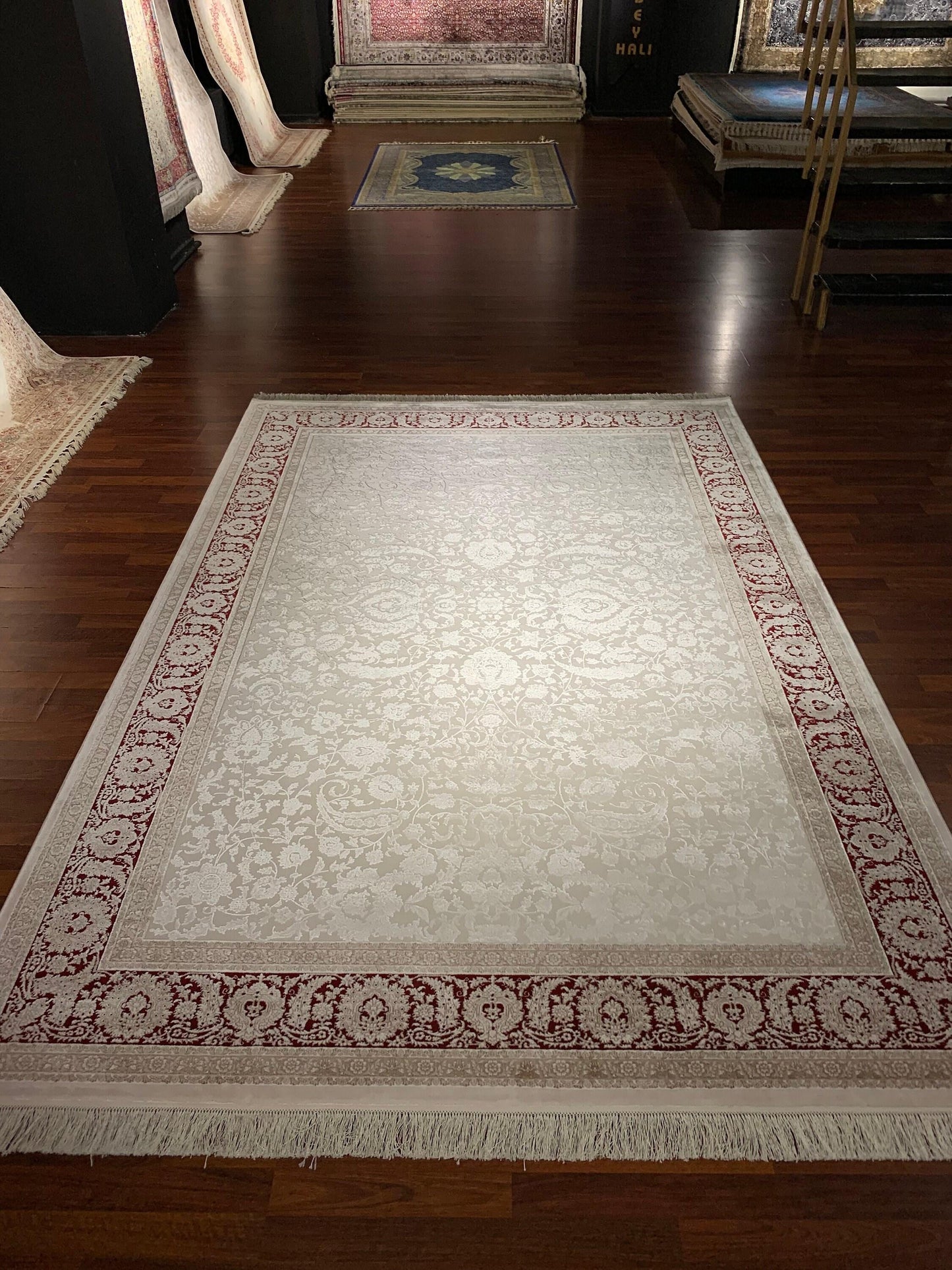 7x10 ft Beige Bamboo Rug, Minimal Classic Floral Rug, Elegant Neutral Living Room Carpet