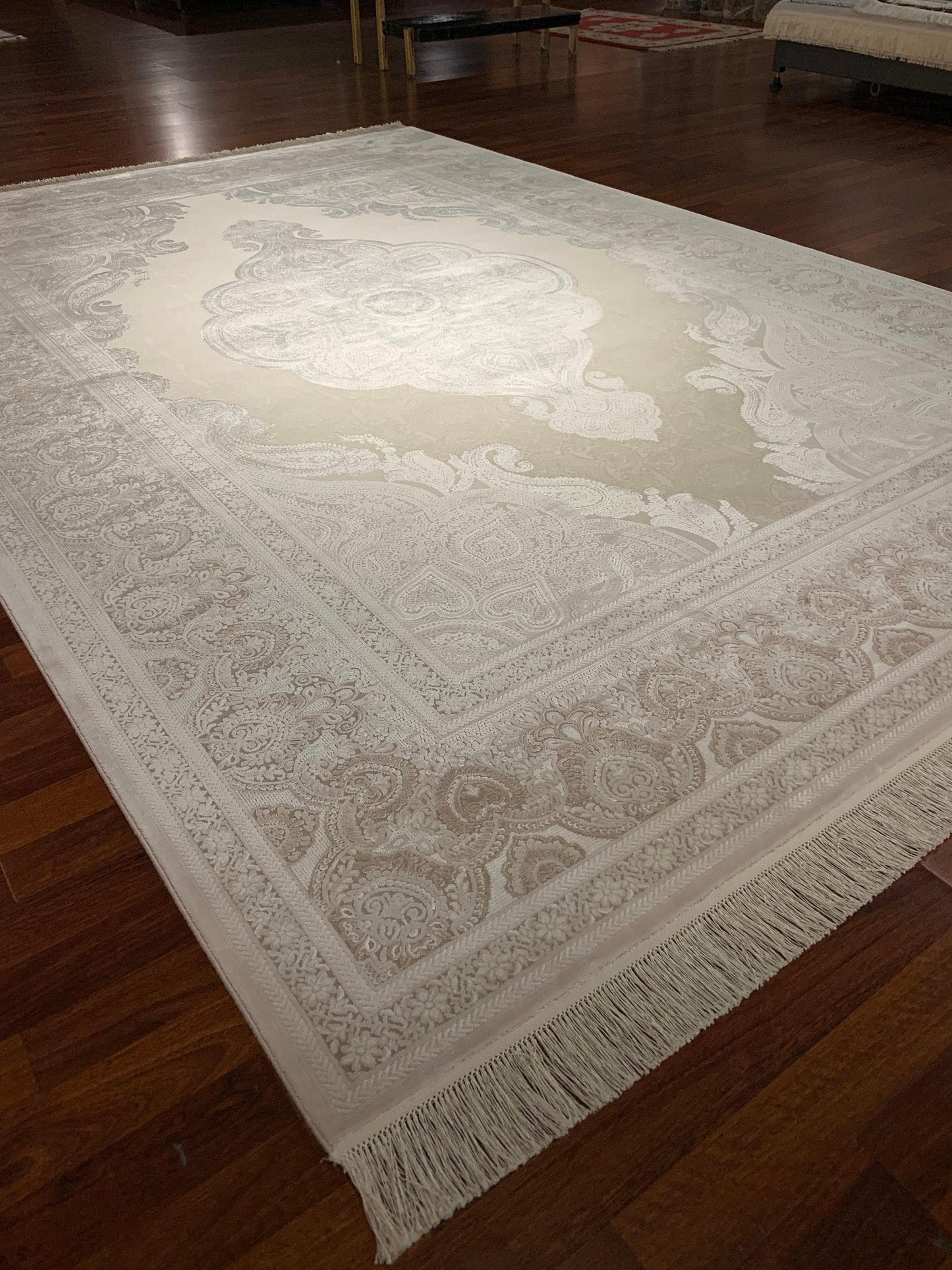 7x10 ft Beige Bamboo Rug, Elegant Tone on Tone Medallion Rug, Neutral Luxury Living Room Carpet