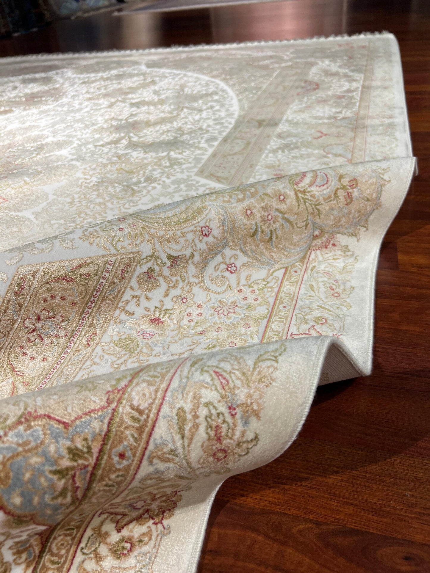 8x11 ft Beige Silk Rug, Luxury Oversized Area Rug, Elegant Medallion Living Room Rug, Soft Classic Decorative Carpet