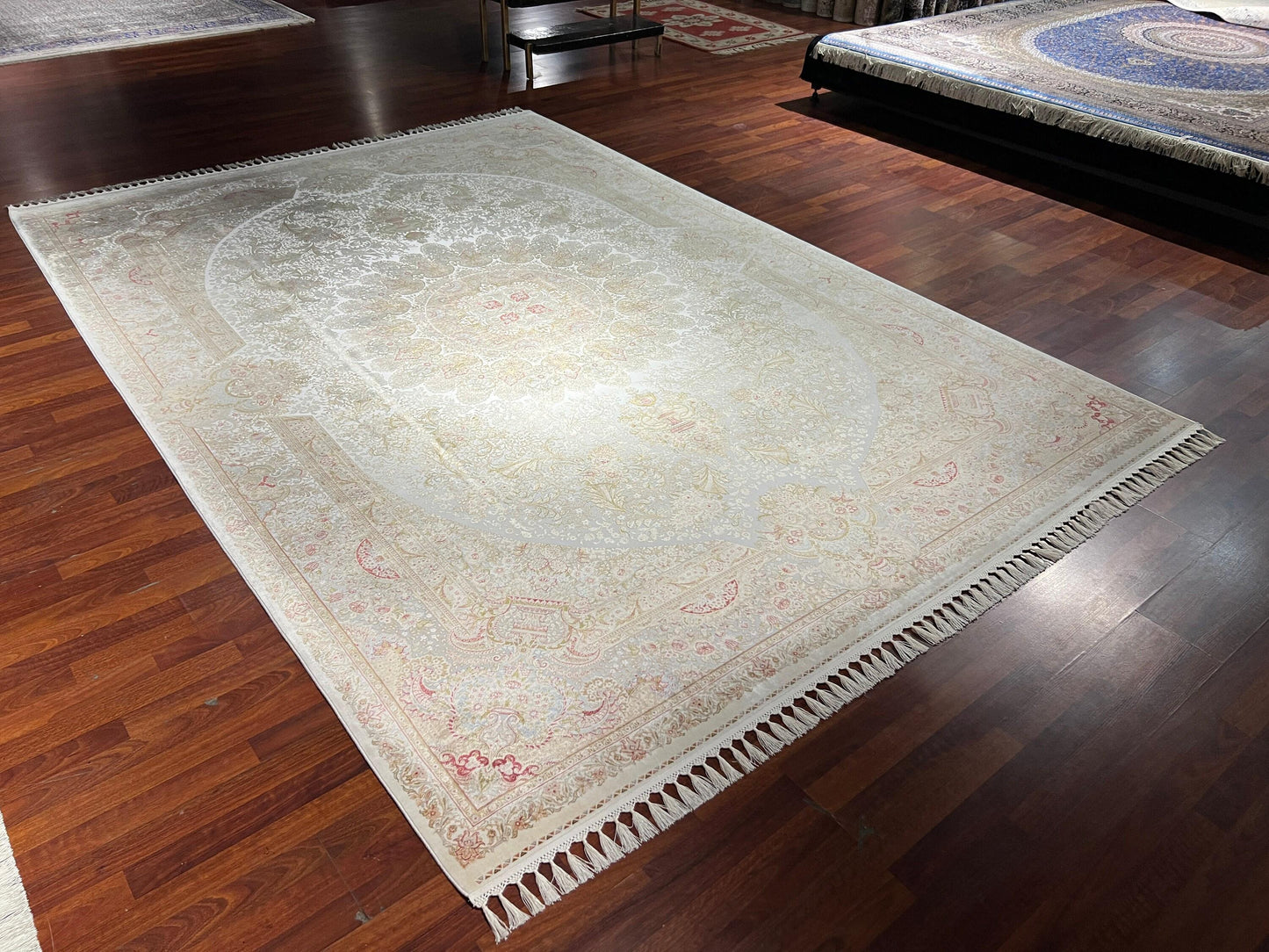 8x11 ft Beige Silk Rug, Luxury Oversized Area Rug, Elegant Medallion Living Room Rug, Soft Classic Decorative Carpet
