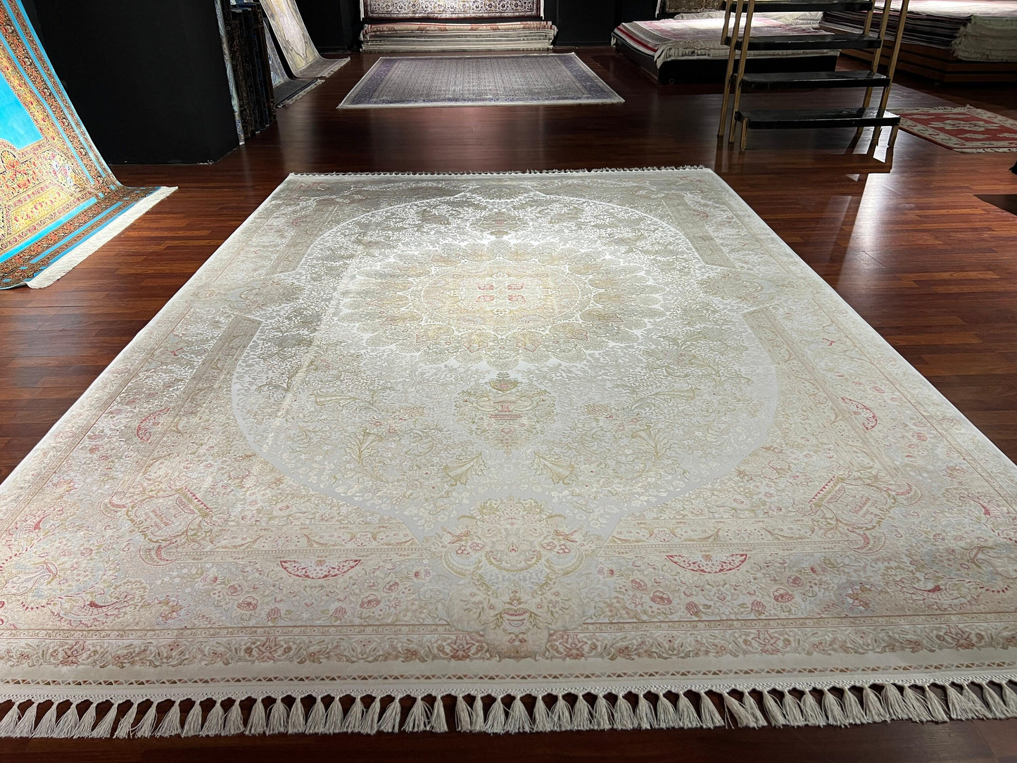 8x11 ft Beige Silk Rug, Luxury Oversized Area Rug, Elegant Medallion Living Room Rug, Soft Classic Decorative Carpet