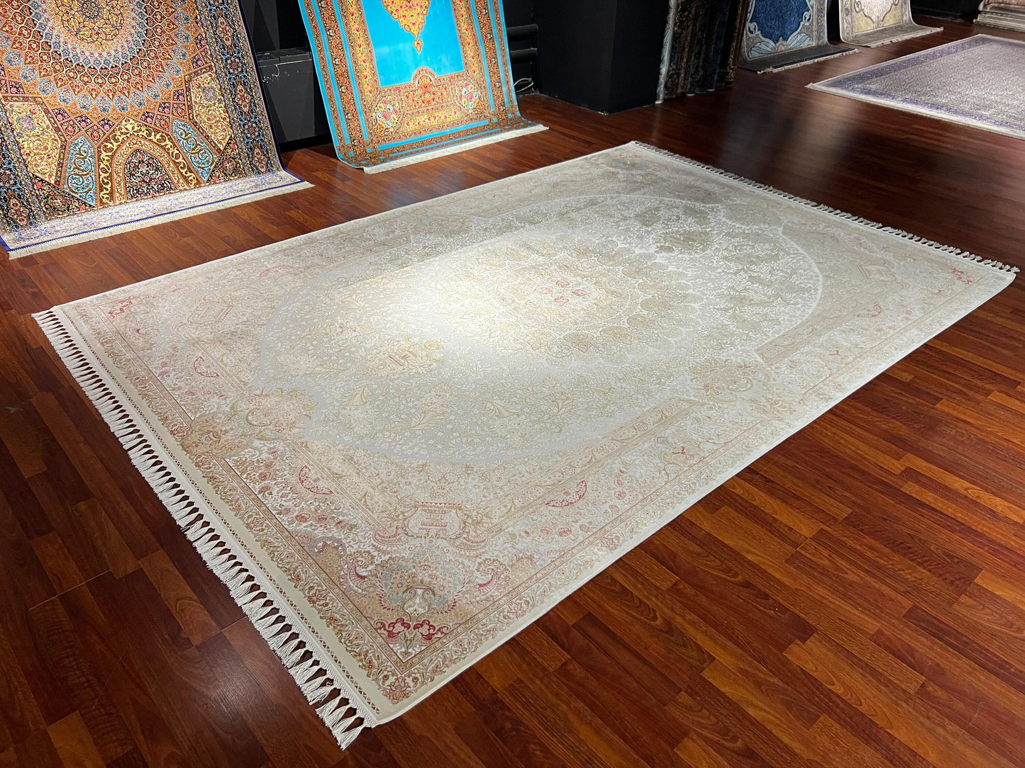 8x11 ft Beige Silk Rug, Luxury Oversized Area Rug, Elegant Medallion Living Room Rug, Soft Classic Decorative Carpet