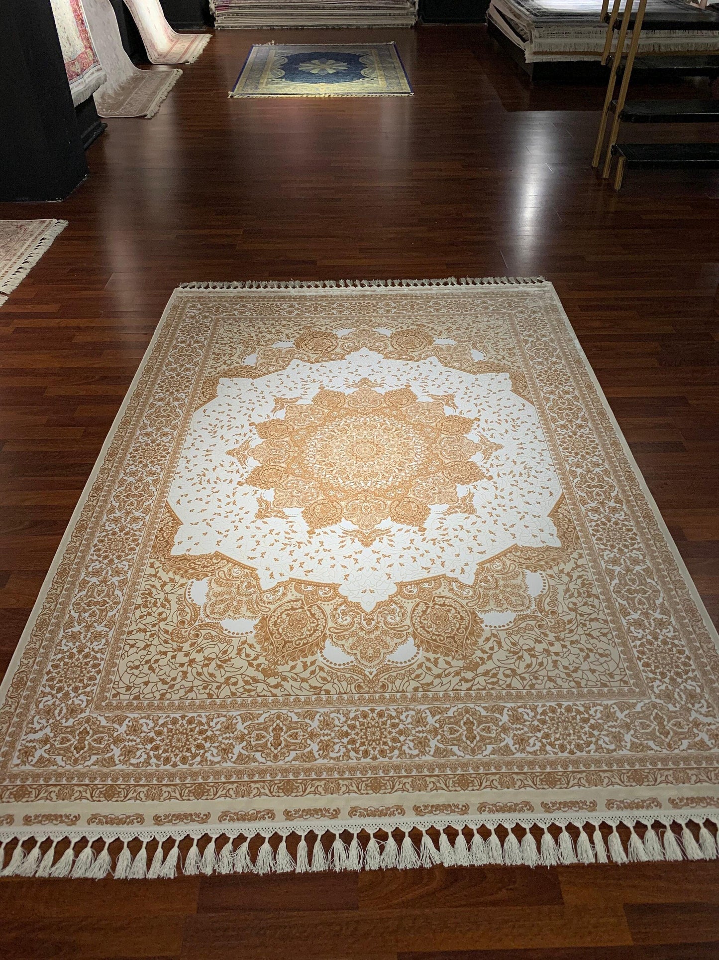 7x10 ft Beige Gold Silk Rug, Elegant Medallion Luxury Area Rug, Classic Neutral Living Room Carpet