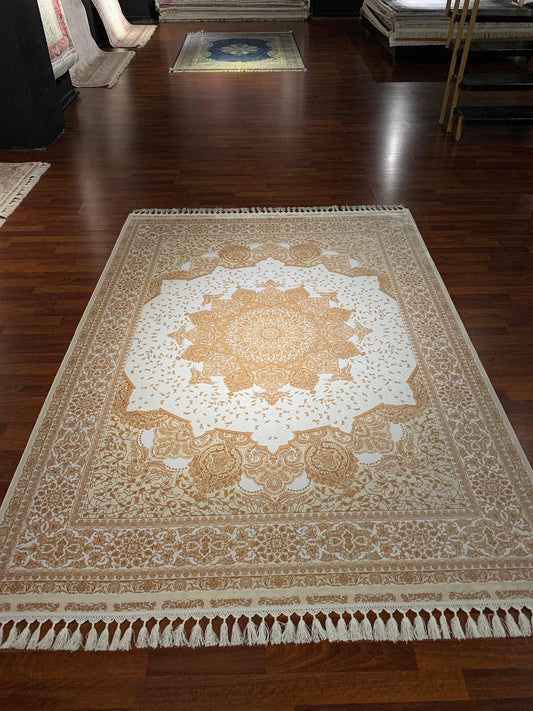 7x10 ft Beige Gold Silk Rug, Elegant Medallion Luxury Area Rug, Classic Neutral Living Room Carpet