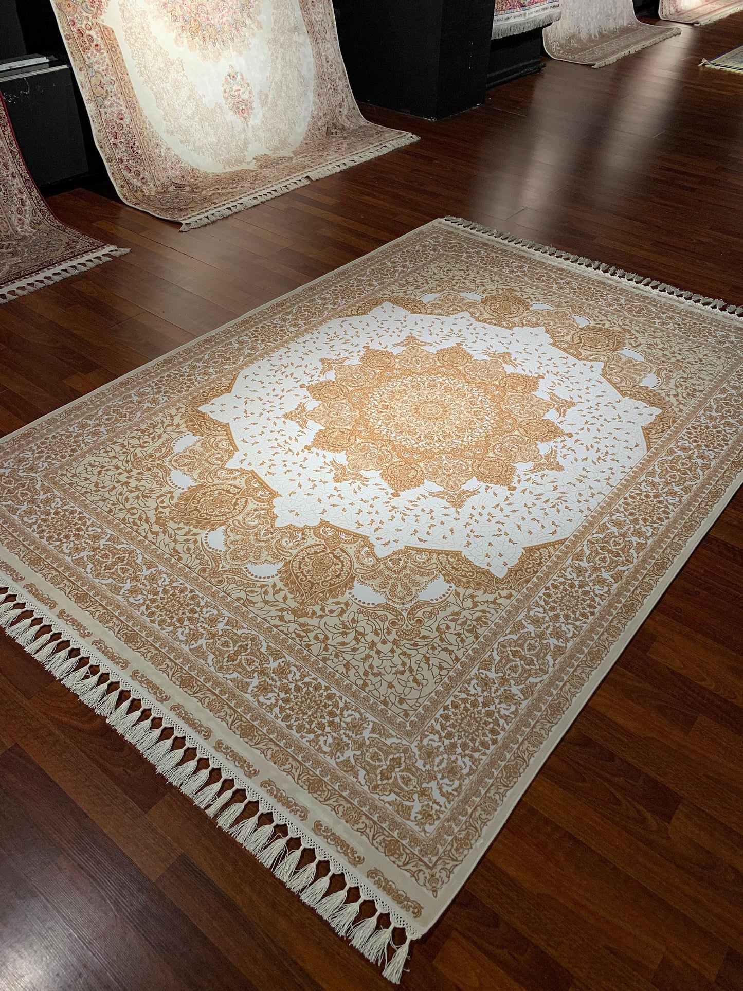 7x10 ft Beige Gold Silk Rug, Elegant Medallion Luxury Area Rug, Classic Neutral Living Room Carpet