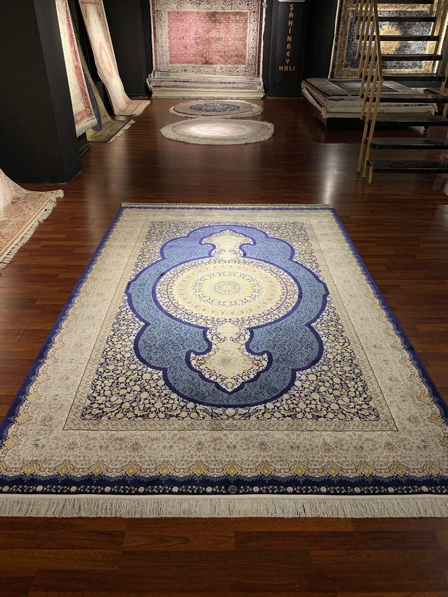 7x10 ft Blue Medallion Bamboo Silk Rug, Elegant Classic Luxury Area Rug, Navy Cream Living Room Carpet