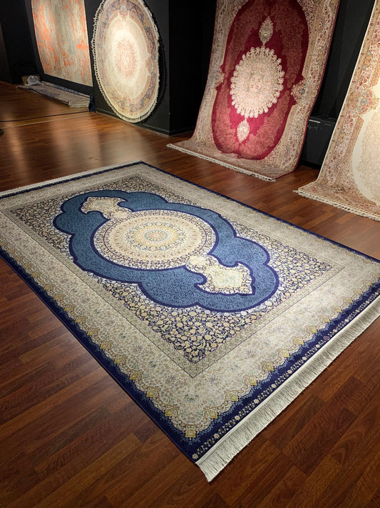 7x10 ft Blue Medallion Bamboo Silk Rug, Elegant Classic Luxury Area Rug, Navy Cream Living Room Carpet