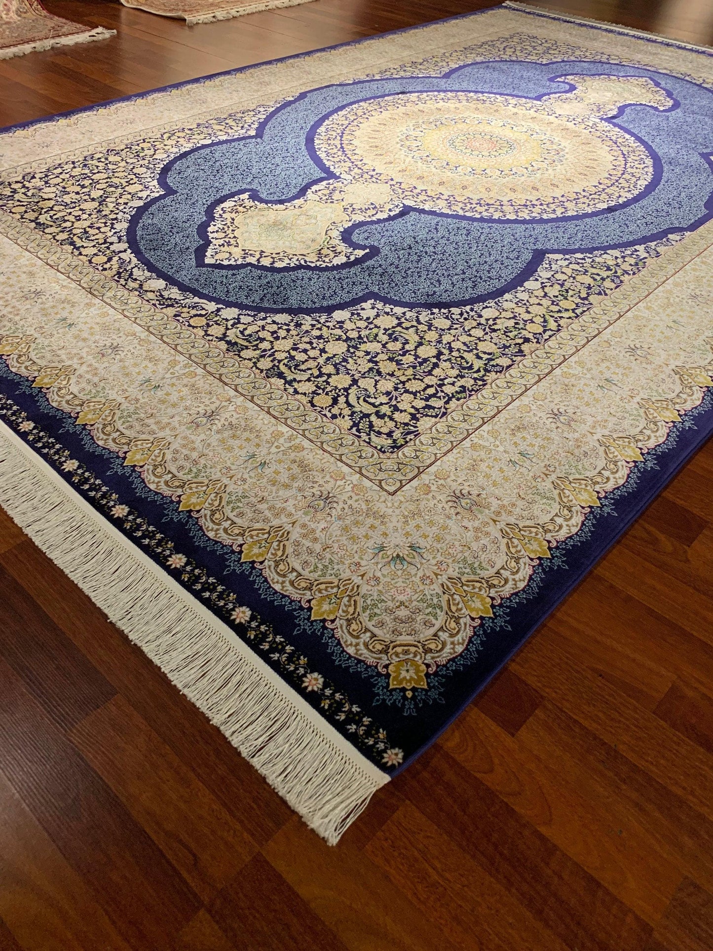 7x10 ft Blue Medallion Bamboo Silk Rug, Elegant Classic Luxury Area Rug, Navy Cream Living Room Carpet
