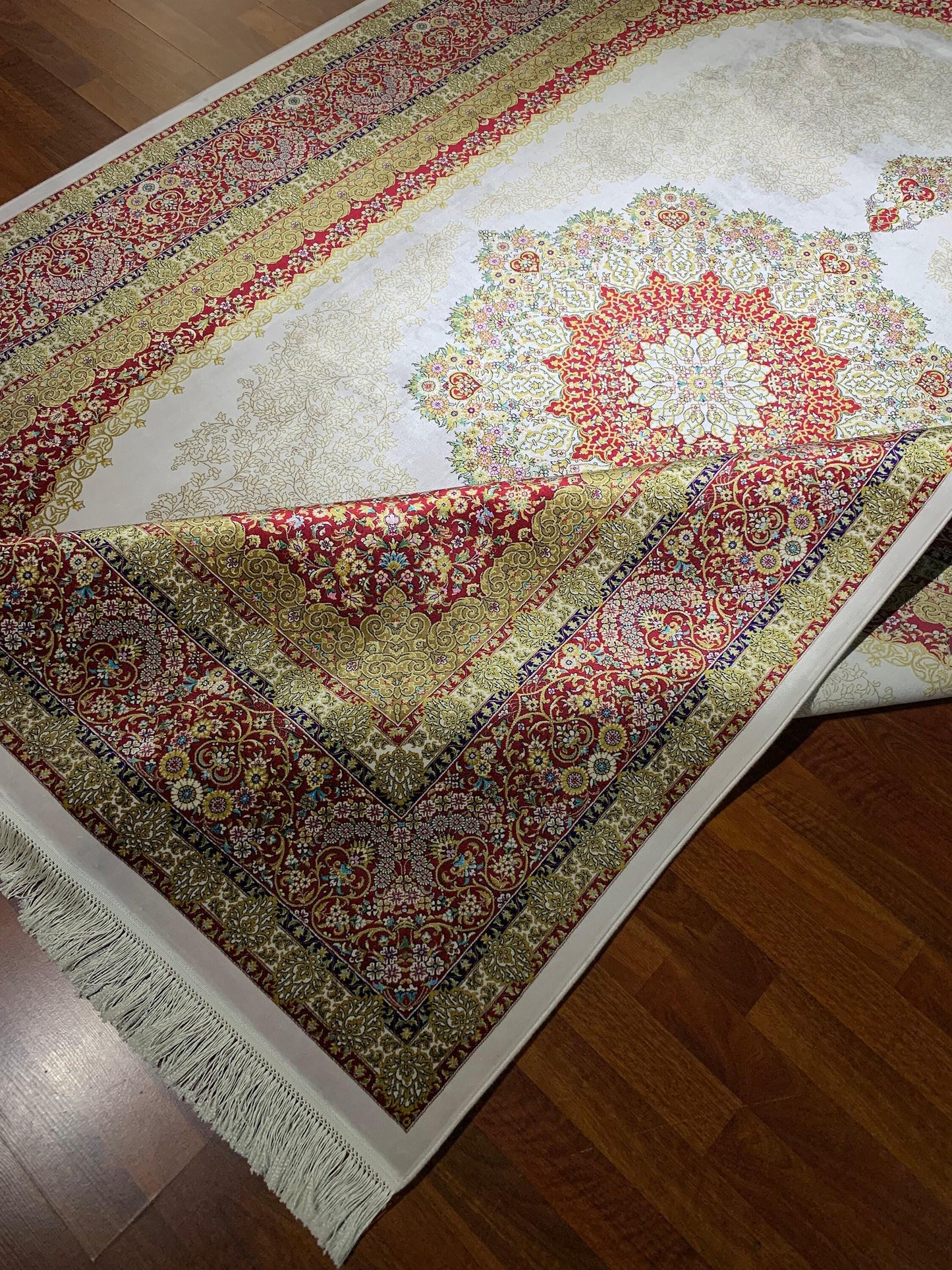 7x10 ft Beige Red Silk Rug, Classic Medallion Luxury Area Rug, Elegant Traditional Living Room Carpet