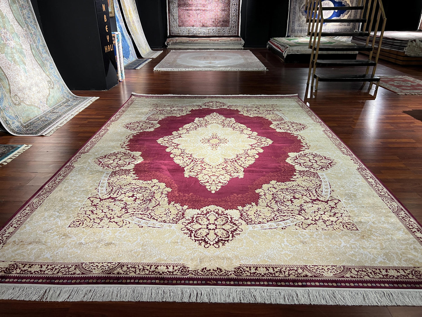 8x11 ft Gold Beige Bamboo Silk Rug, Luxury Large Area Rug, Elegant Medallion Living Room Rug, Soft Decorative Oversized Carpet