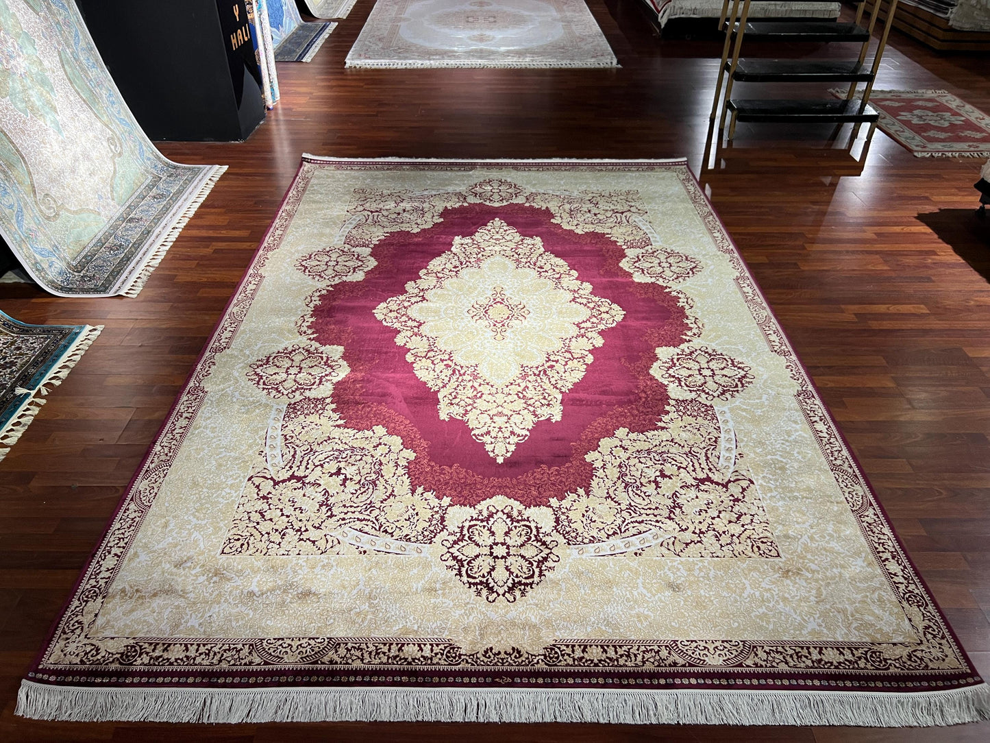 8x11 ft Gold Beige Bamboo Silk Rug, Luxury Large Area Rug, Elegant Medallion Living Room Rug, Soft Decorative Oversized Carpet