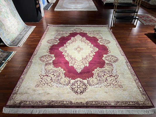 8x11 ft Gold Beige Bamboo Silk Rug, Luxury Large Area Rug, Elegant Medallion Living Room Rug, Soft Decorative Oversized Carpet