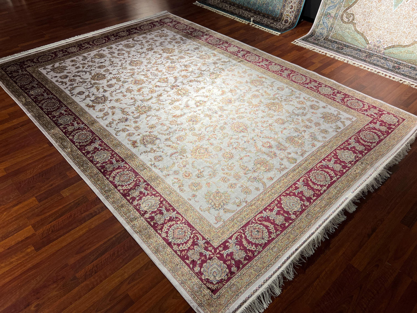 8x11 ft Red Floral Bamboo Silk Rug, Luxury Large Area Rug, Elegant Classic Living Room Rug, Soft Decorative Oversized Carpet