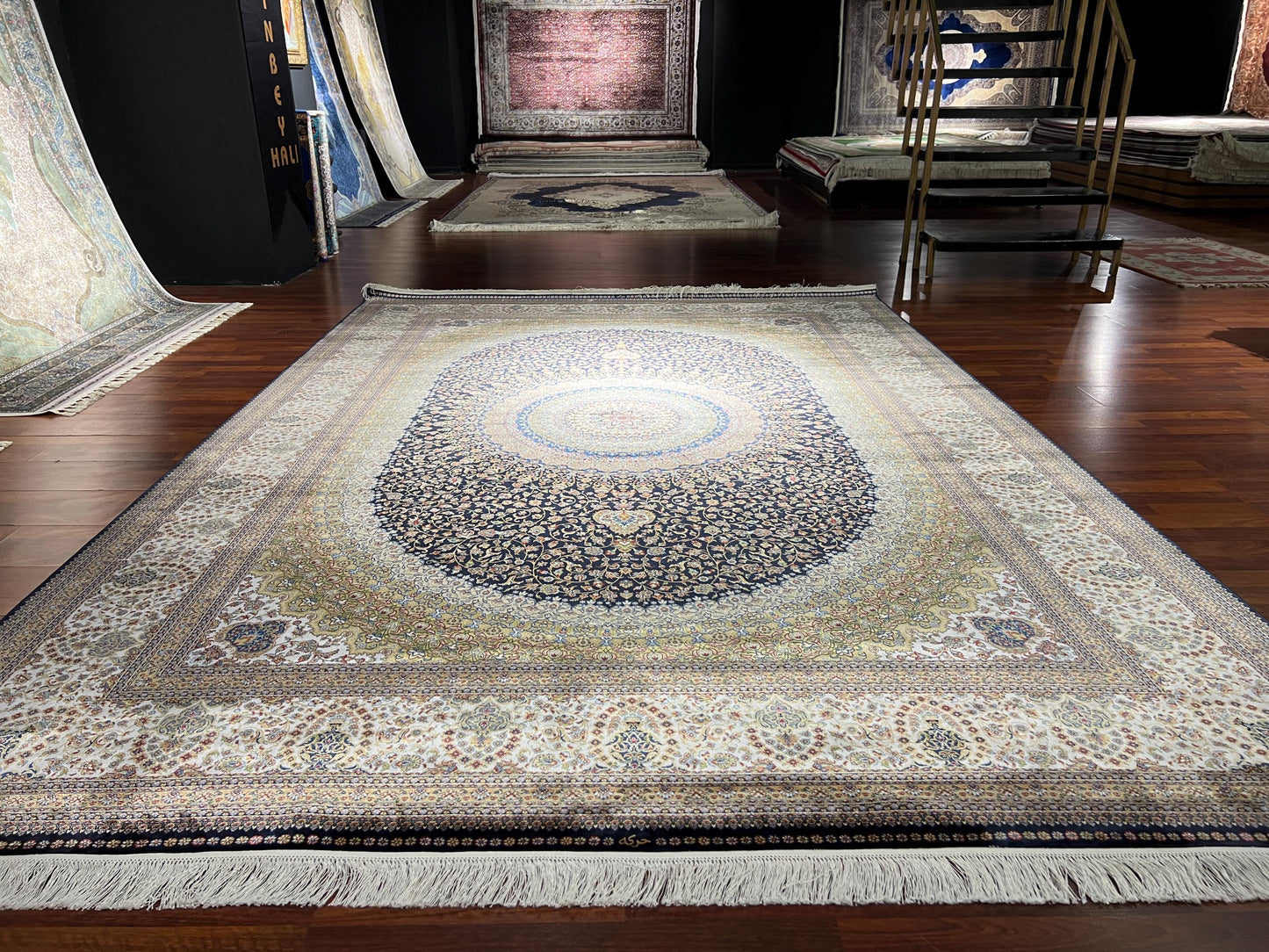 8x11 ft Beige Gold Silk Rug, Luxury Large Area Rug, Elegant Medallion Living Room Rug, Classic Decorative Soft Carpet