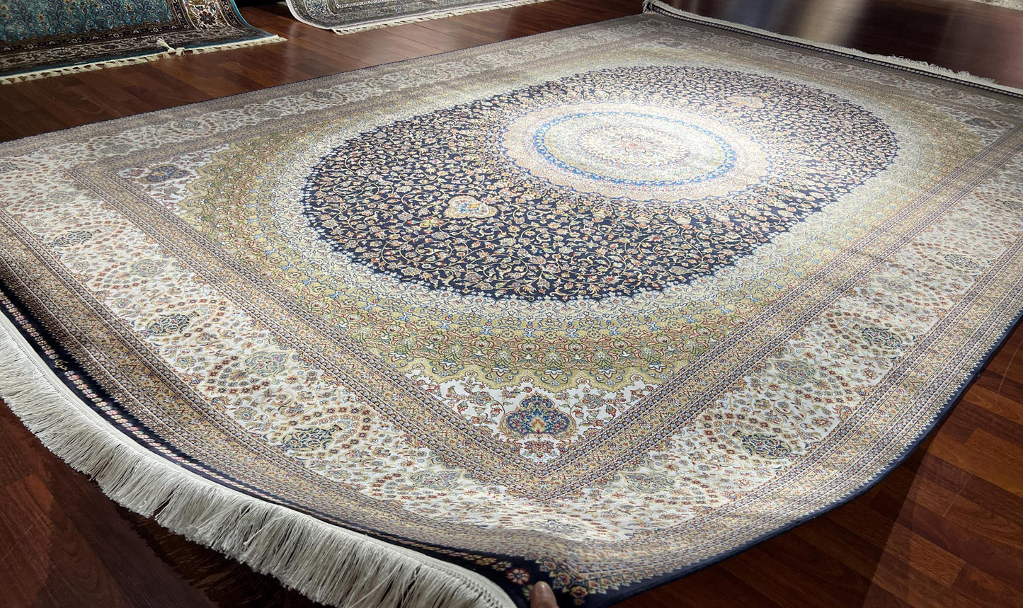 8x11 ft Beige Gold Silk Rug, Luxury Large Area Rug, Elegant Medallion Living Room Rug, Classic Decorative Soft Carpet