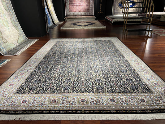 8x11 ft Black Floral Silk Rug, Luxury Large Area Rug, Elegant Classic Living Room Rug, Dense Pattern Decorative Soft Carpet