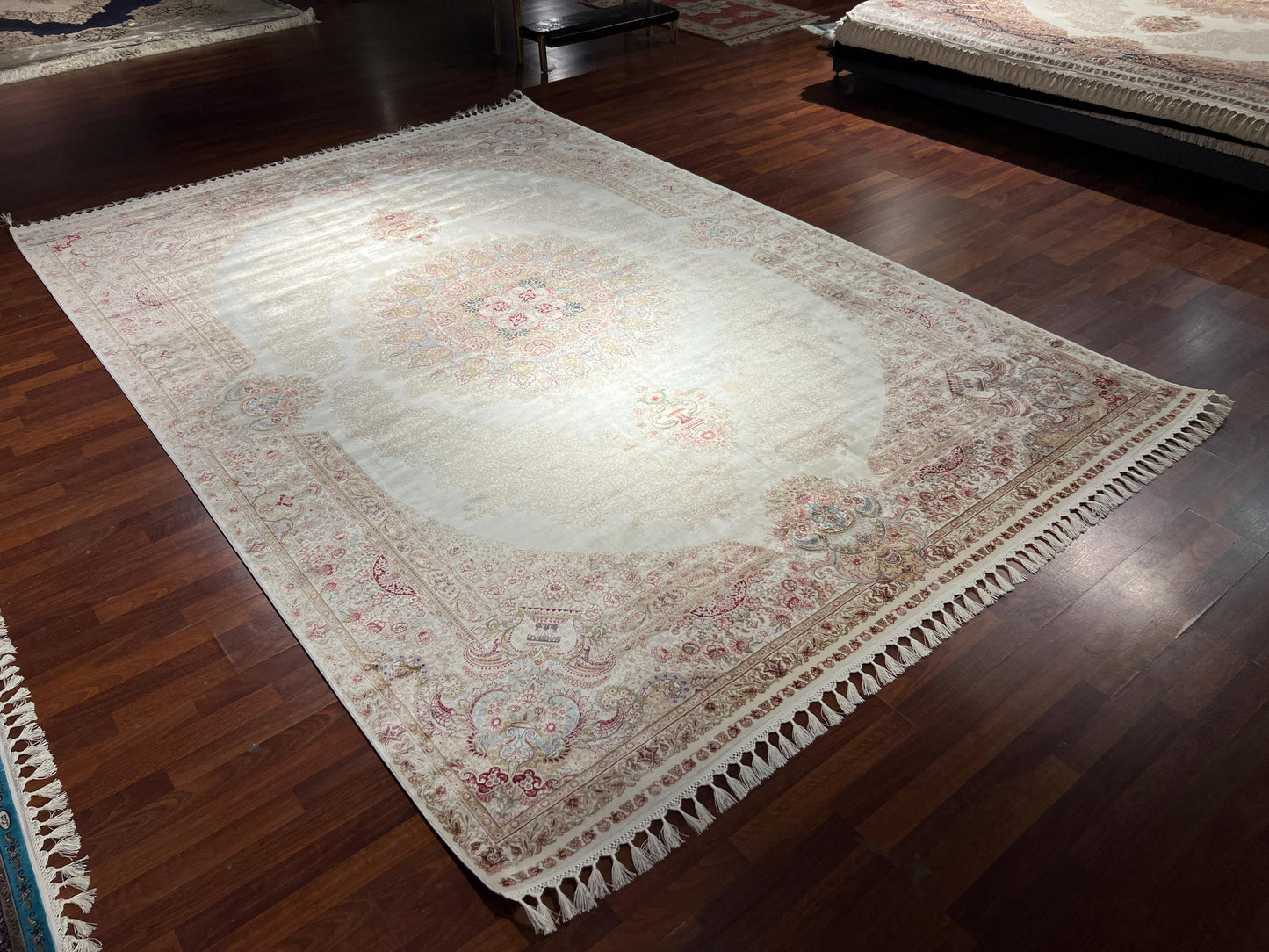 8x11 ft Gold Beige Silk Rug, Luxury Large Area Rug, Elegant Medallion Living Room Rug, Classic Decorative Soft Carpet
