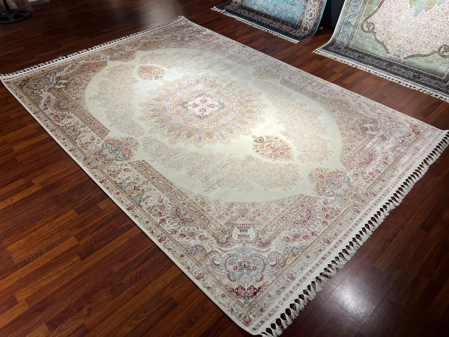 8x11 ft Gold Beige Silk Rug, Luxury Large Area Rug, Elegant Medallion Living Room Rug, Classic Decorative Soft Carpet