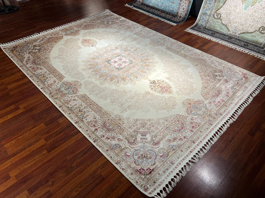 8x11 ft Gold Beige Silk Rug, Luxury Large Area Rug, Elegant Medallion Living Room Rug, Classic Decorative Soft Carpet