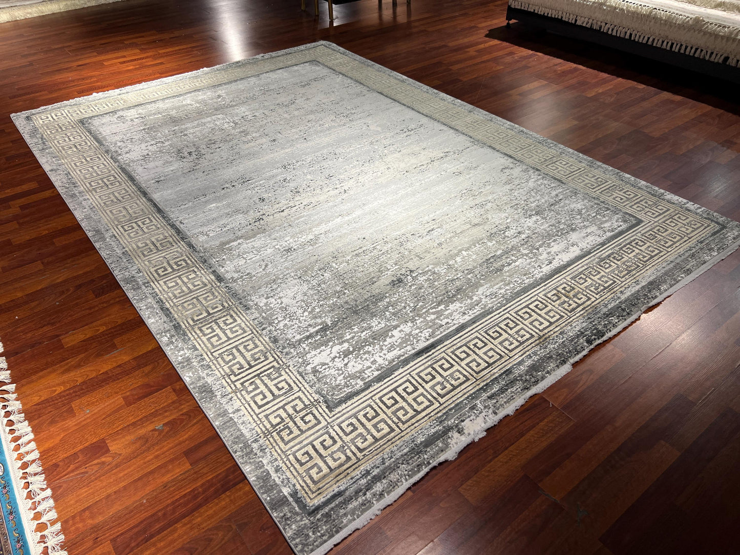 8x11 ft Gray Gold Acrylic Rug, Modern Large Area Rug, Minimalist Living Room Rug, Soft Neutral Decorative Carpet