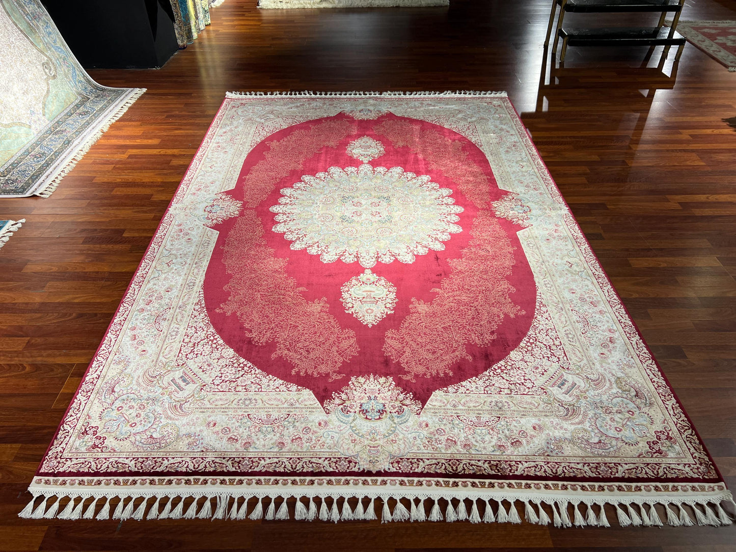 7x10 ft Red Beige Silk Rug, Royal Medallion Luxury Area Rug, Elegant Classic Living Room Carpet
