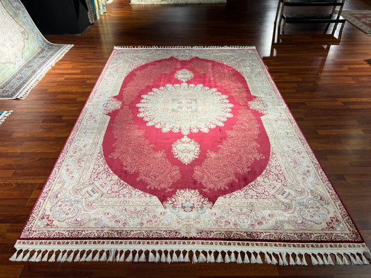 7x10 ft Red Beige Silk Rug, Royal Medallion Luxury Area Rug, Elegant Classic Living Room Carpet