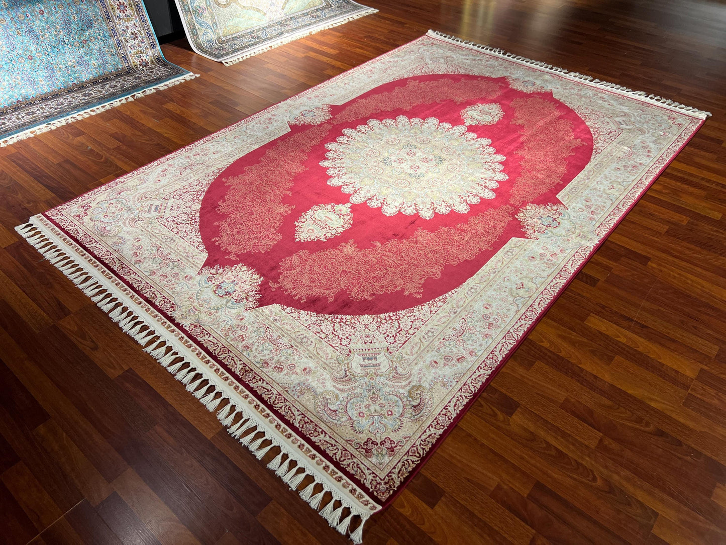 7x10 ft Red Beige Silk Rug, Royal Medallion Luxury Area Rug, Elegant Classic Living Room Carpet