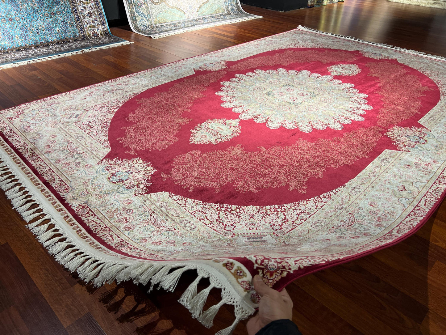 7x10 ft Red Beige Silk Rug, Royal Medallion Luxury Area Rug, Elegant Classic Living Room Carpet