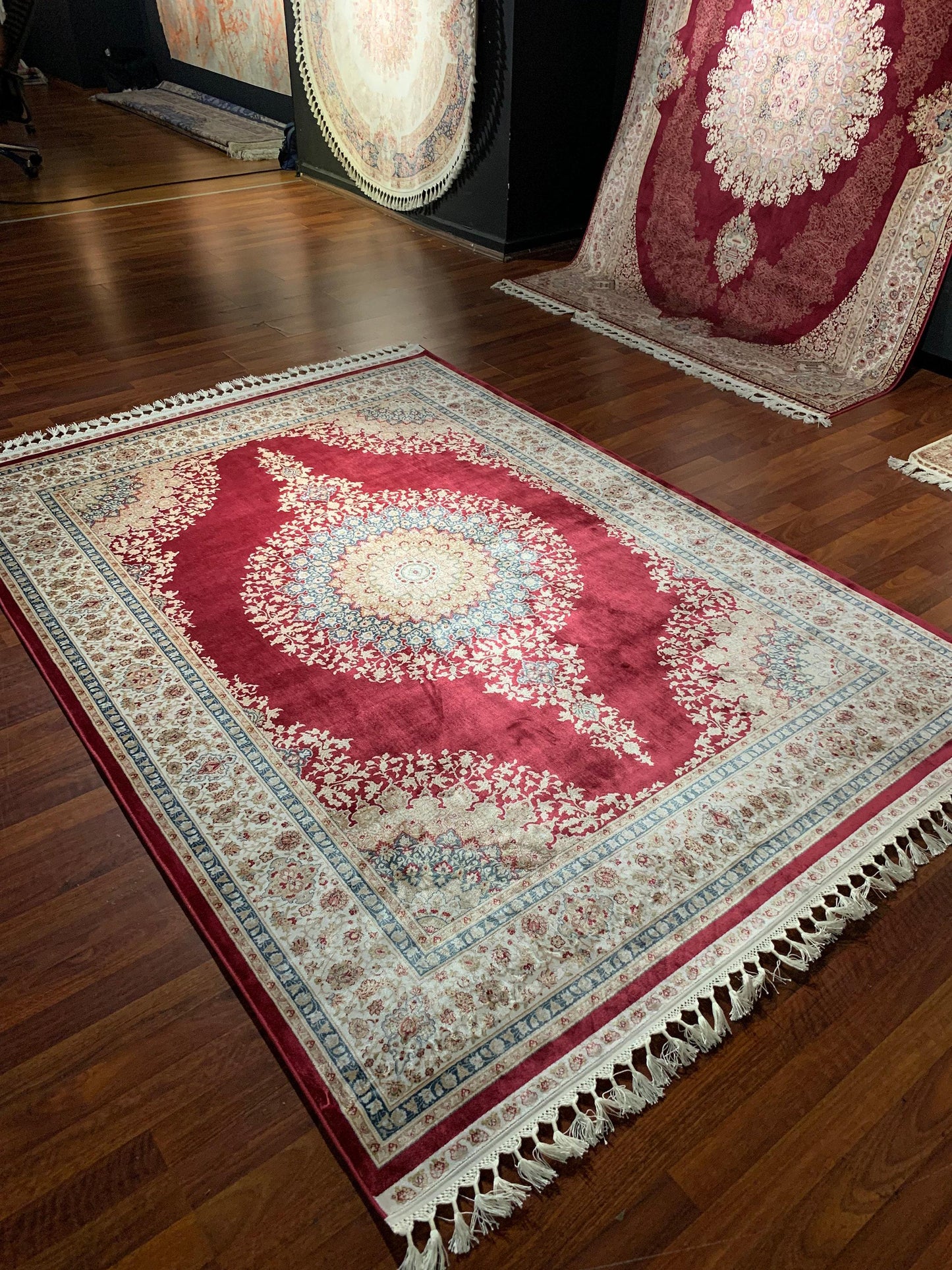 7x10 ft Red Beige Silk Rug, Elegant Medallion Luxury Area Rug, Soft Classic Living Room Carpet