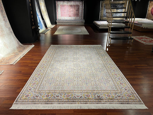 7x10 ft Floral Silk Rug, Fine Pattern Luxury Area Rug, Cream Multicolor Elegant Living Room Carpet