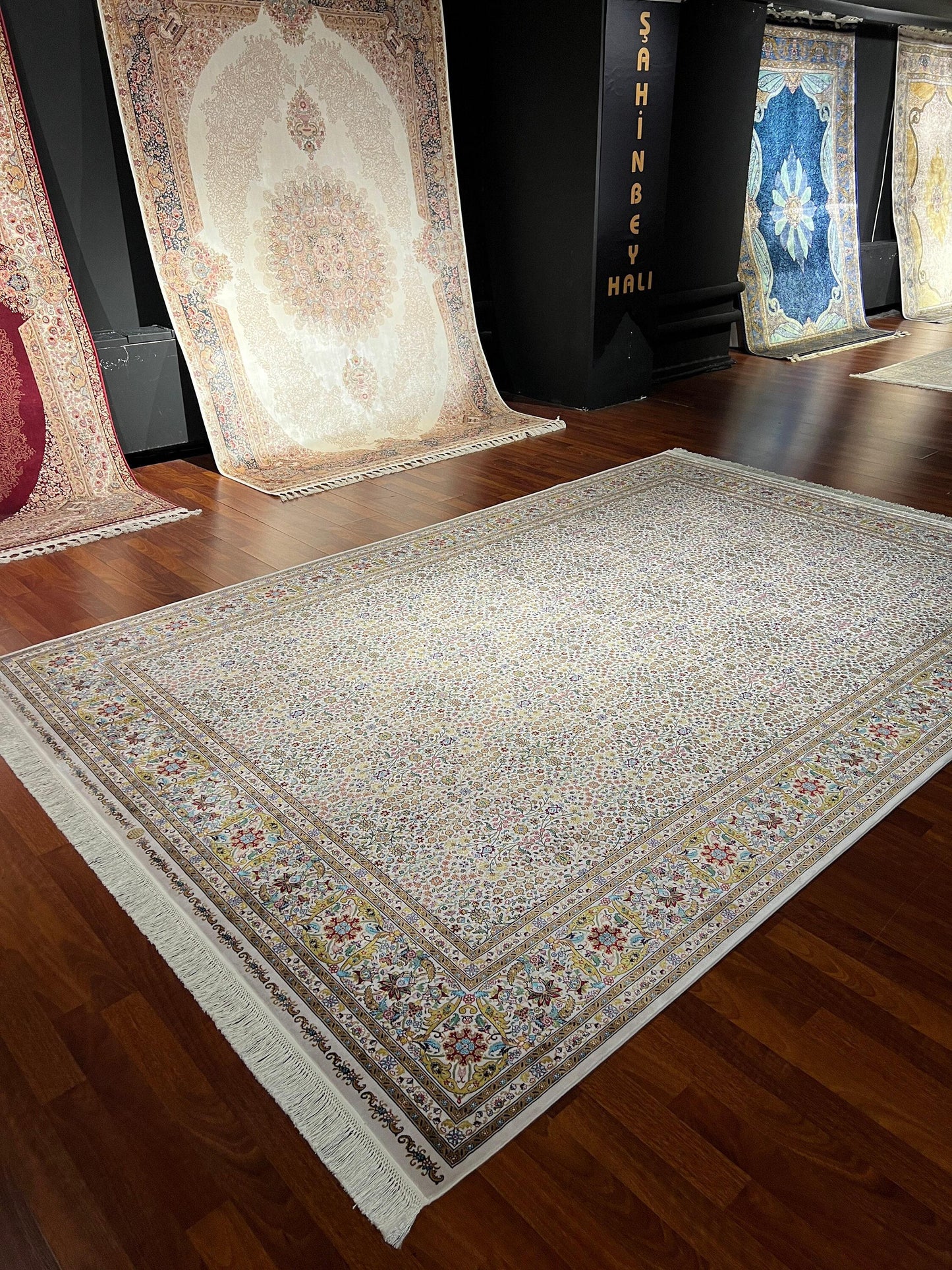 7x10 ft Floral Silk Rug, Fine Pattern Luxury Area Rug, Cream Multicolor Elegant Living Room Carpet