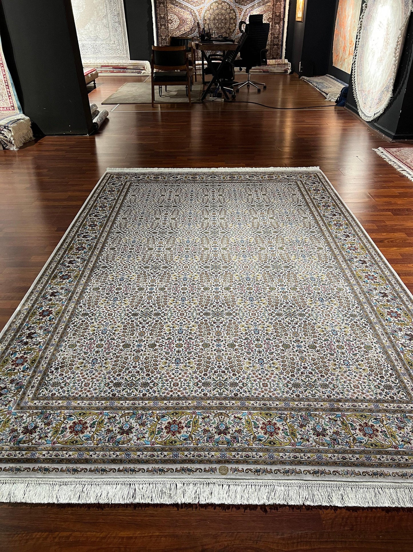 7x10 ft Floral Silk Rug, Fine Pattern Luxury Area Rug, Cream Multicolor Elegant Living Room Carpet