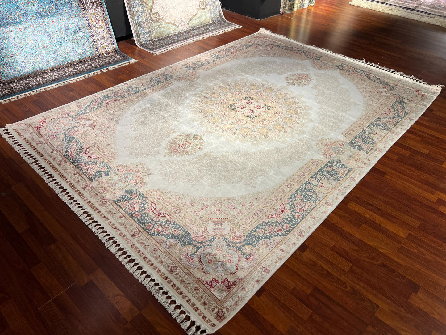 8x11 ft Cream Blue Silk Rug, Luxury Large Area Rug, Elegant Medallion Living Room Rug, Classic Soft Decorative Carpet