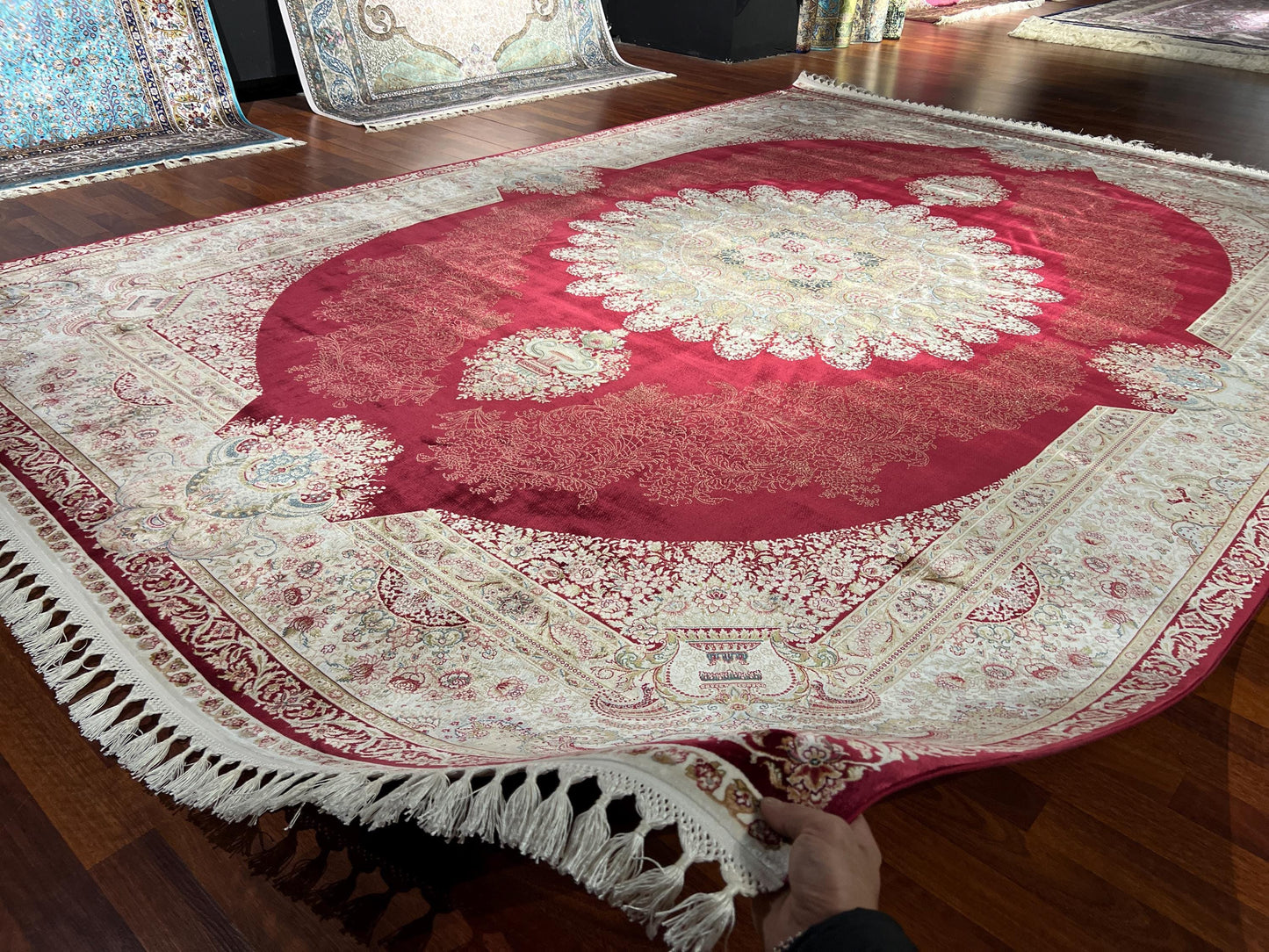 10x13 ft Red Cream Silk Rug, Luxury Large Area Rug, Elegant Medallion Living Room Rug, Classic Decorative Soft Carpet