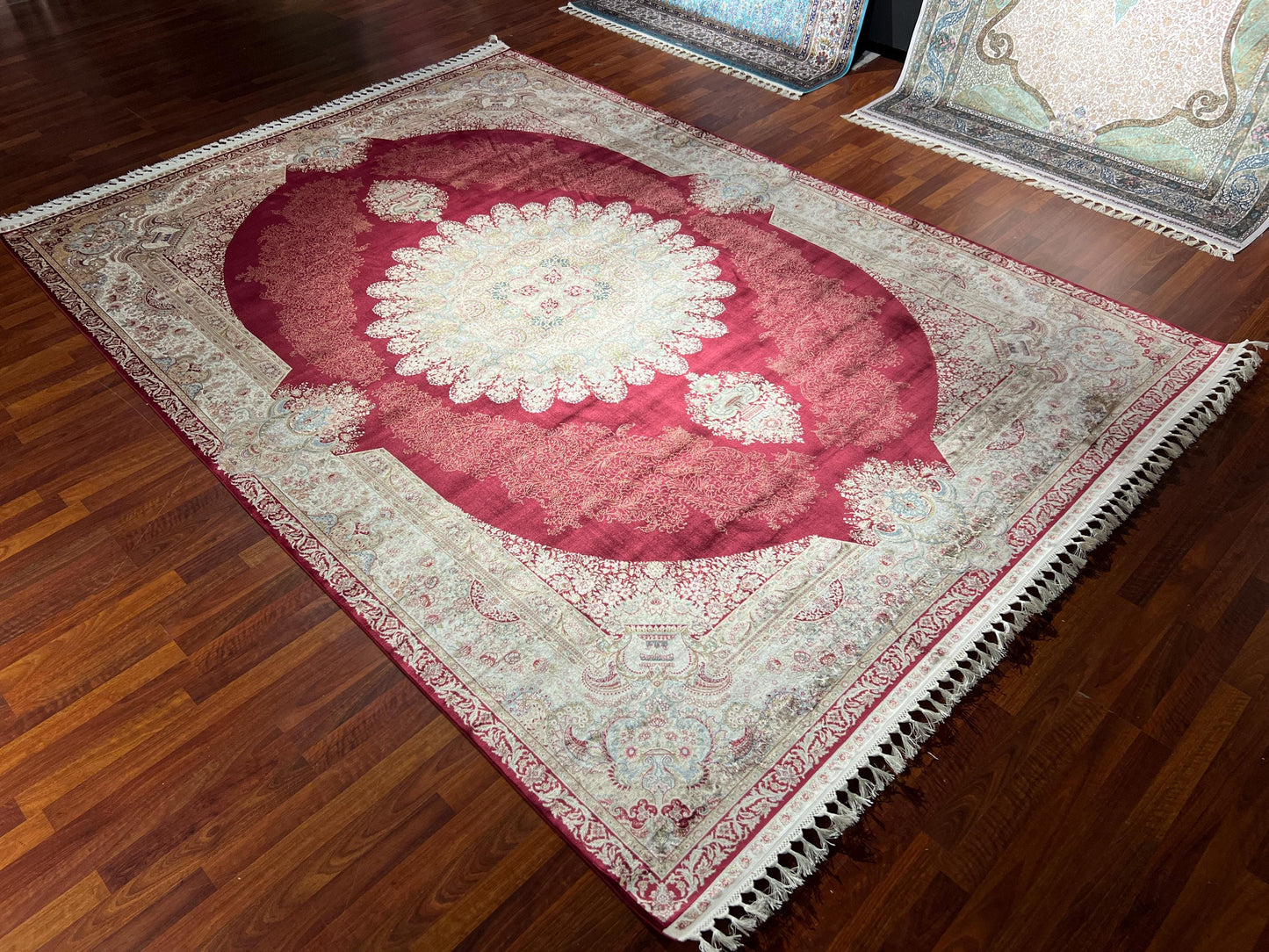 10x13 ft Red Cream Silk Rug, Luxury Large Area Rug, Elegant Medallion Living Room Rug, Classic Decorative Soft Carpet