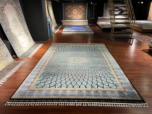 8x11 ft Turquoise Silk Rug, Luxury Large Area Rug, Elegant Geometric Living Room Rug, Classic Decorative Soft Carpet