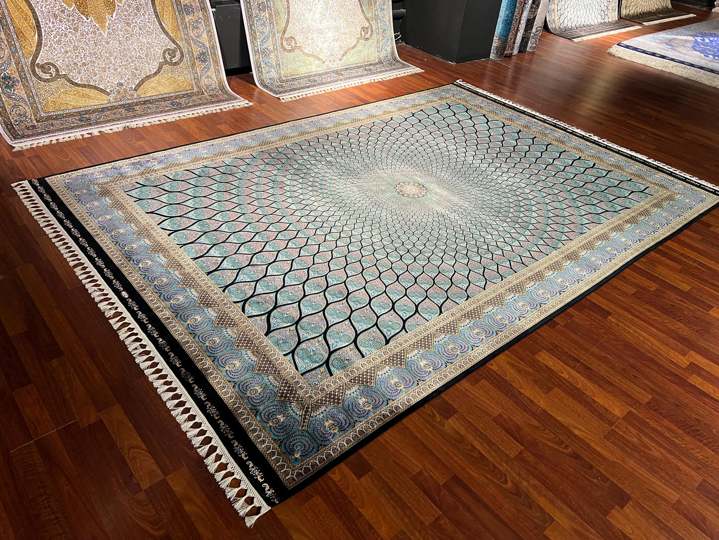 8x11 ft Turquoise Silk Rug, Luxury Large Area Rug, Elegant Geometric Living Room Rug, Classic Decorative Soft Carpet
